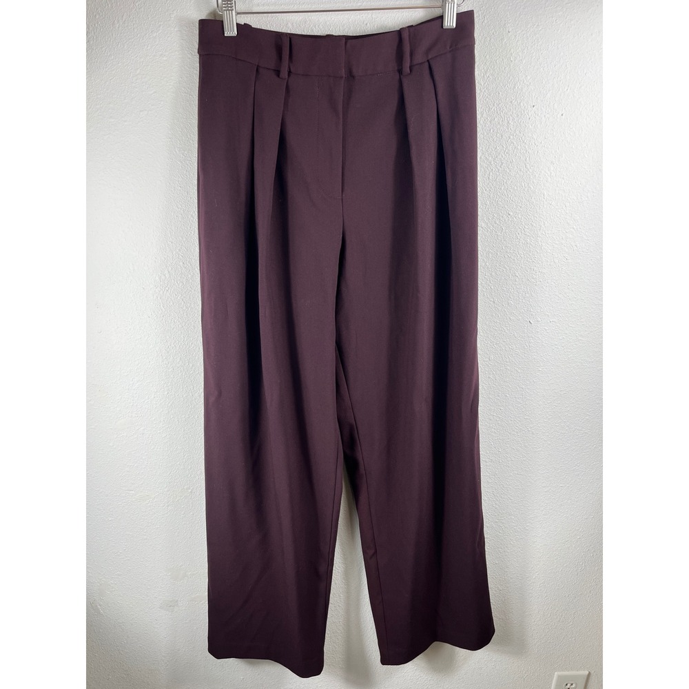 BABYBOO Women Dress Pants Burgundy Small High Waist Pleated Wide Leg Business